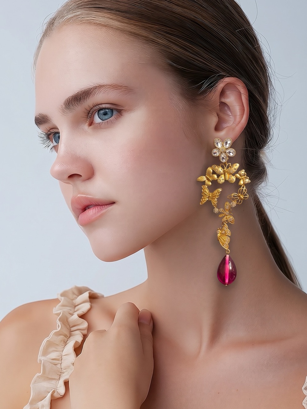 Catwalk Jon Gold Floral Butterfly Drop Earrings with Pink Teardrop